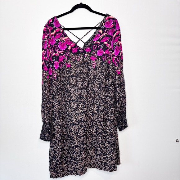 Anthropologie Floral Dress Womens Size 16W Criss Cross Back Black‎ Pink Boho - Picture 1 of 11